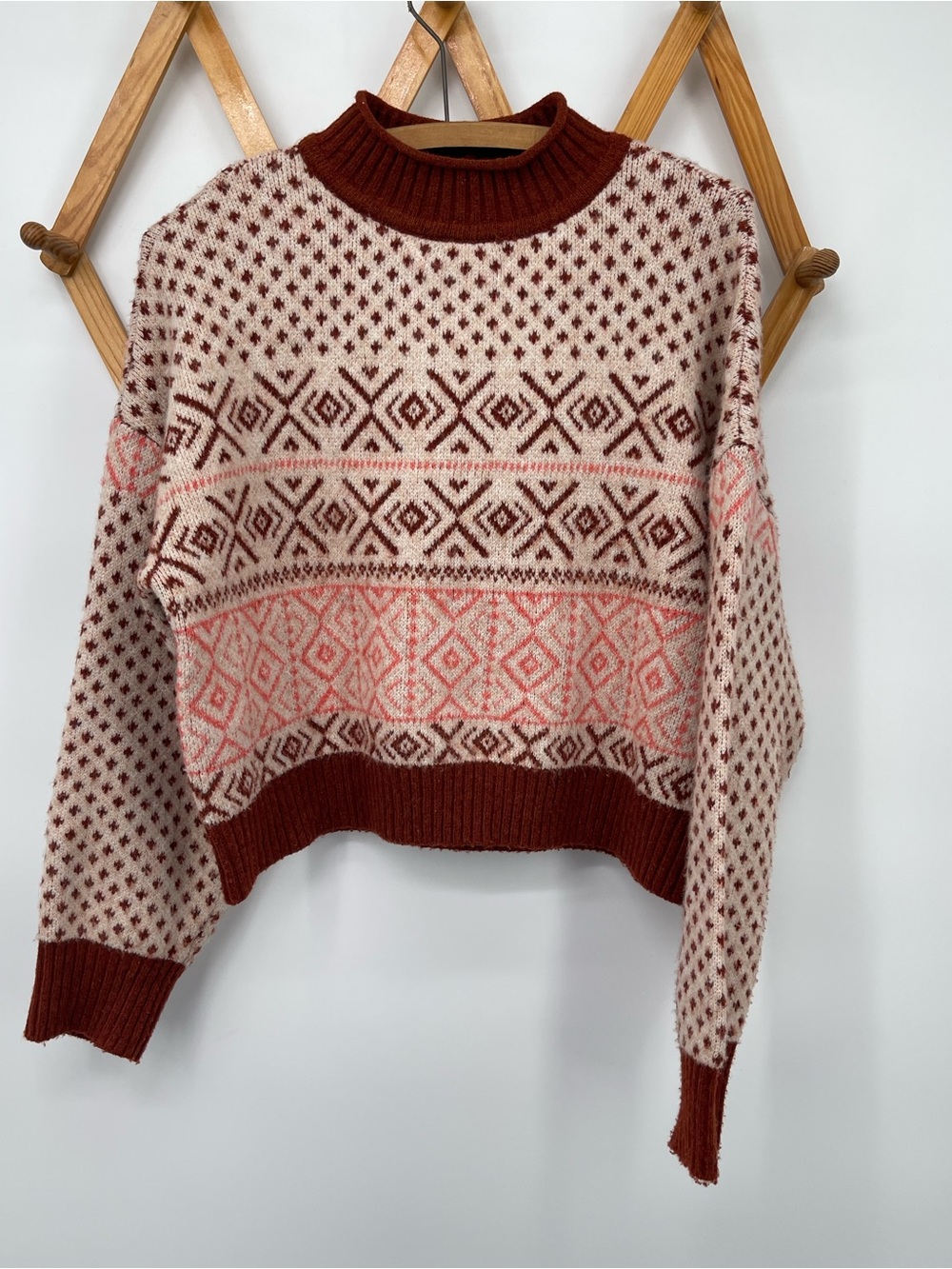 American Eagle Outfitters Rust, Cream & Pink Patterned Turtleneck Sweater